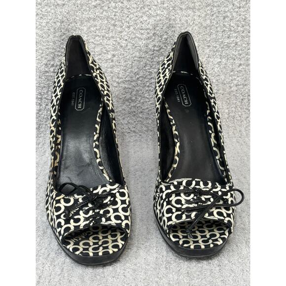 Coach Corey Black & White Signature Print Peep Toe Heels Size 10 AS IS #38 - Picture 2 of 10